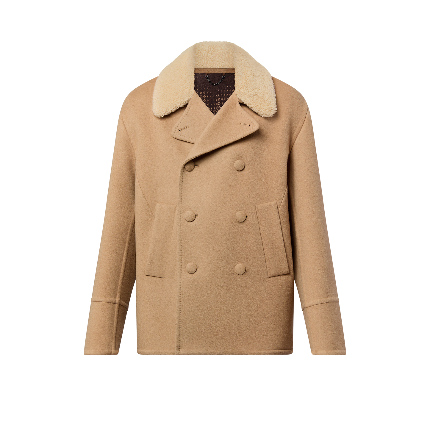 Double Face Wool-Silk Peacoat With Shearling Collar