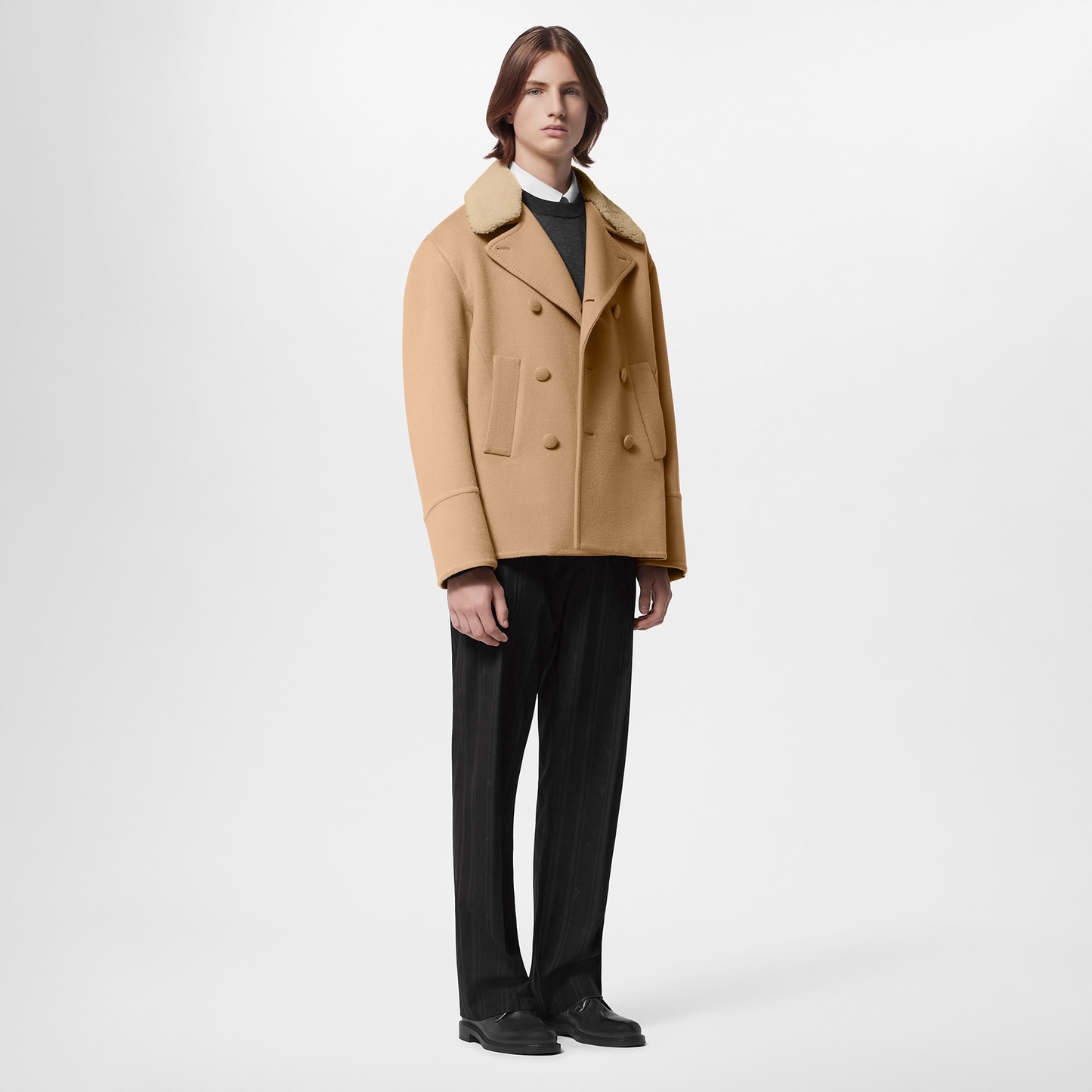 Double Face Wool-Silk Peacoat With Shearling Collar