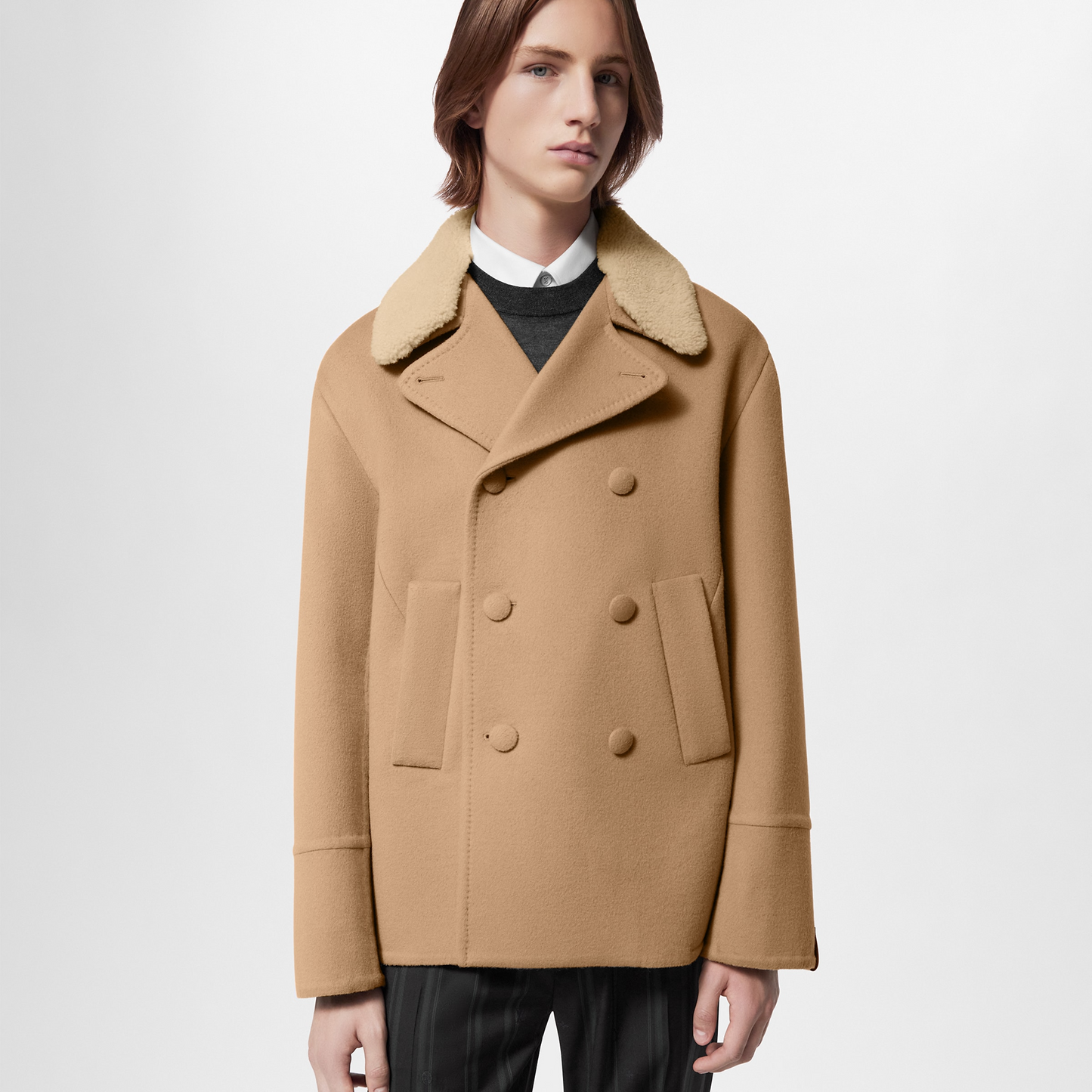 Double Face Wool-Silk Peacoat With Shearling Collar