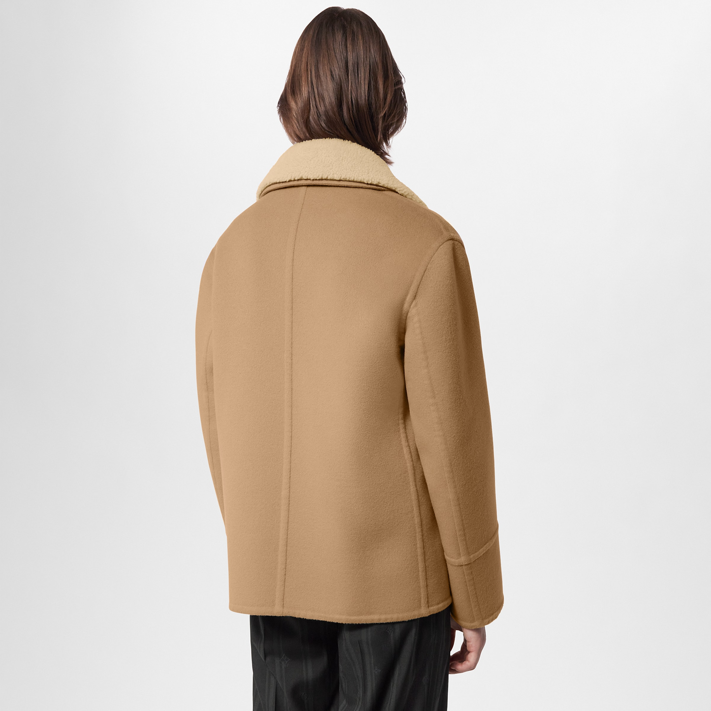 Double Face Wool-Silk Peacoat With Shearling Collar