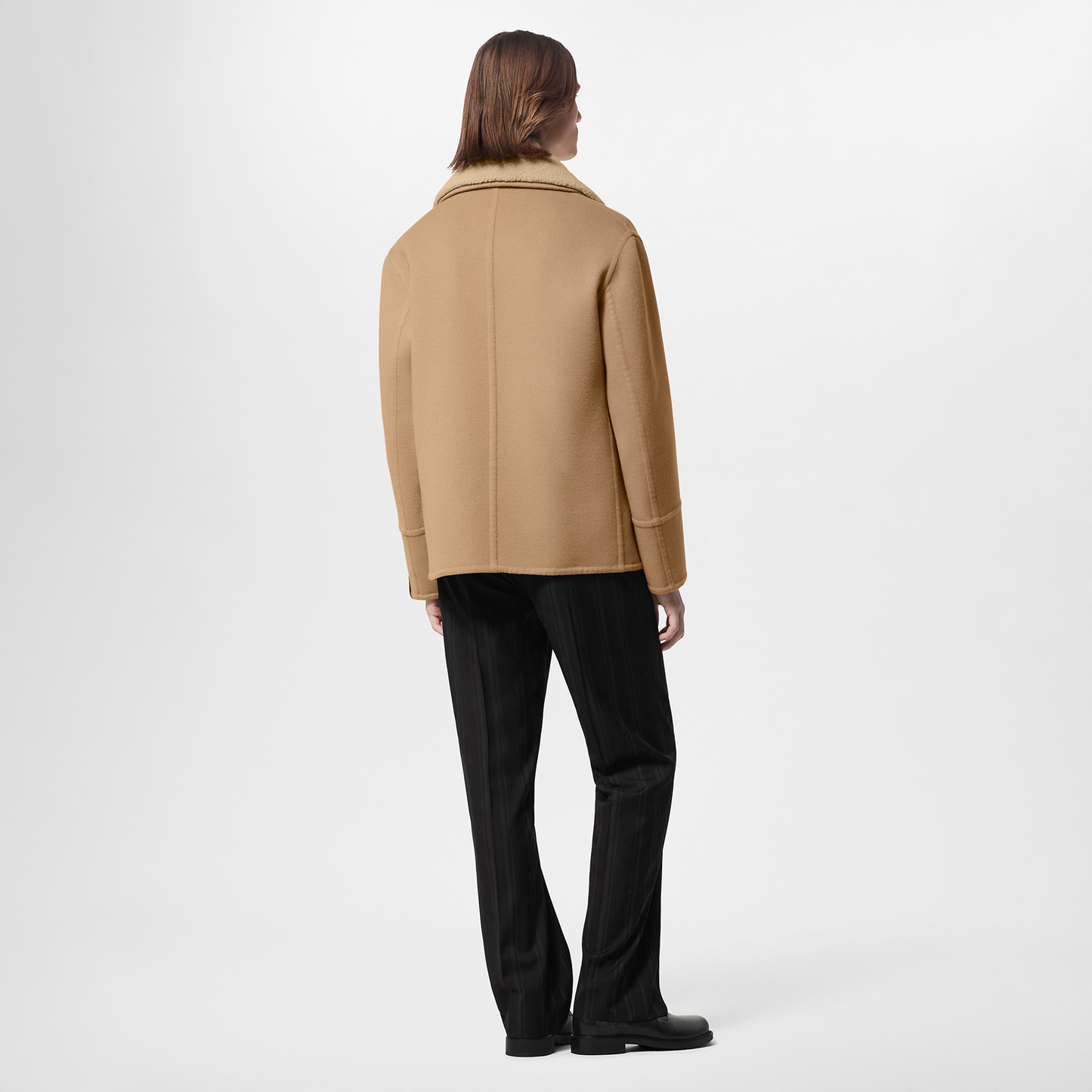 Double Face Wool-Silk Peacoat With Shearling Collar